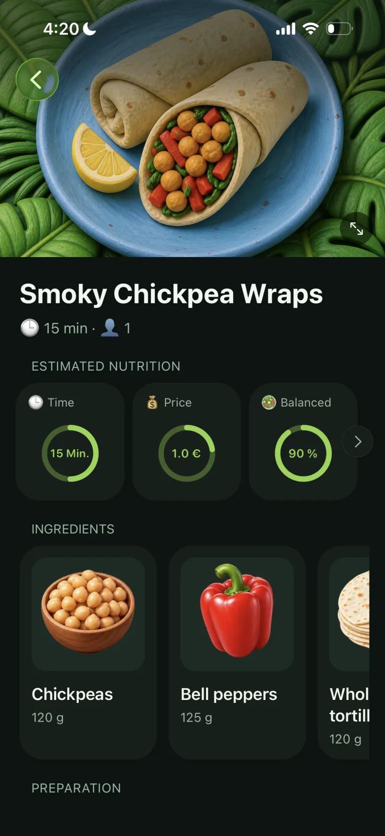 Vegan recipe with cook time, price, and nutrition overview