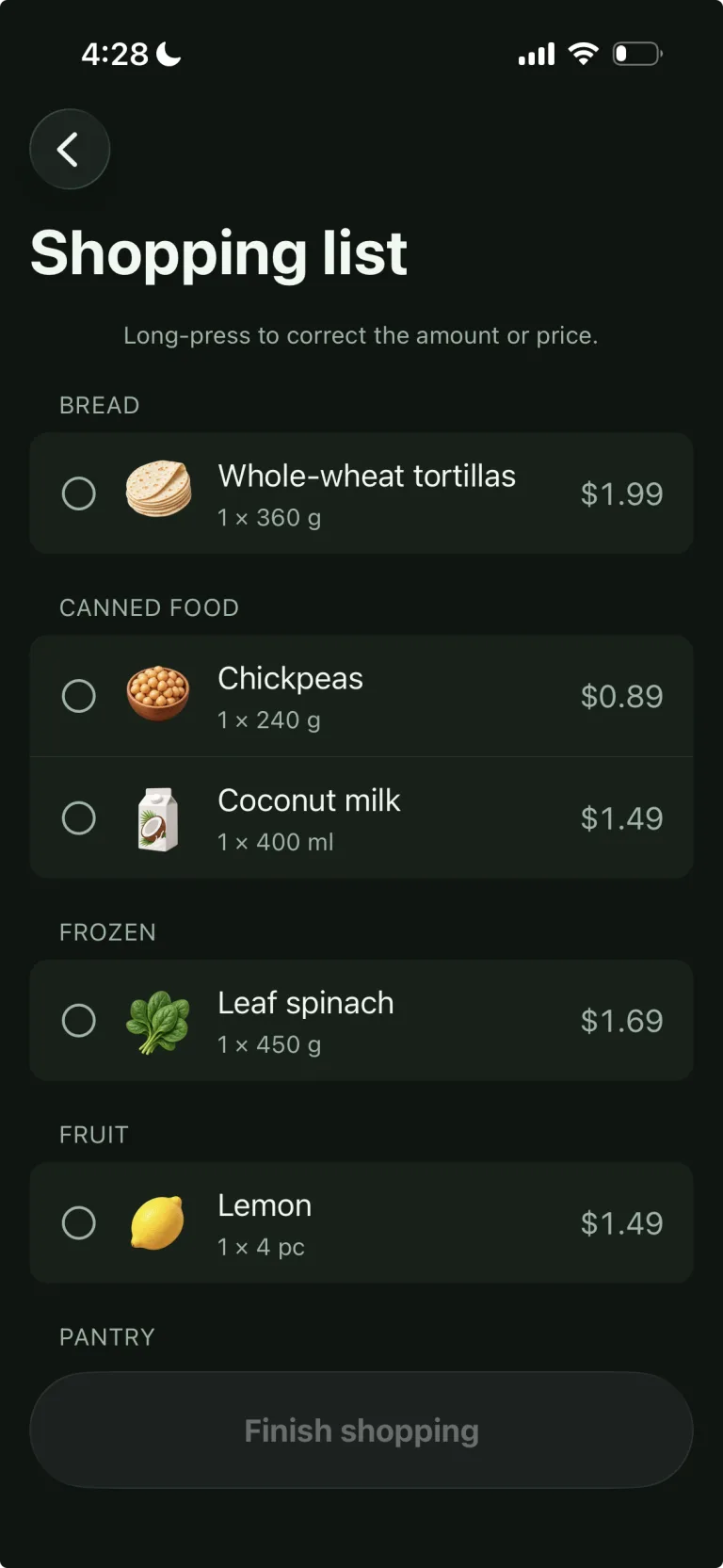 VegPlan grocery list with ingredients, quantities, and estimated prices