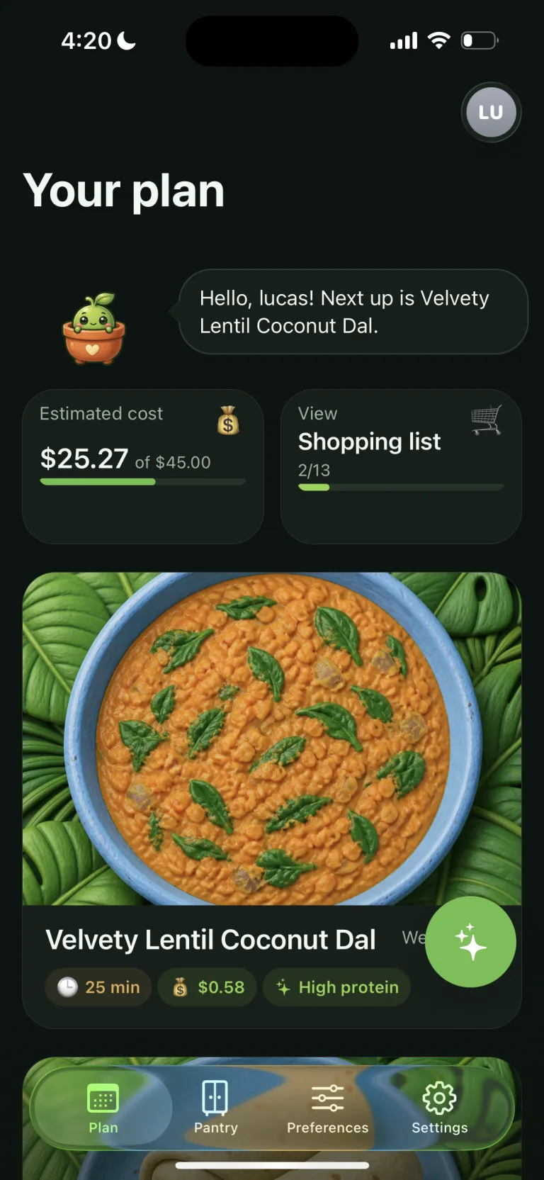 Personal vegan weekly meal plan in the VegPlan app
